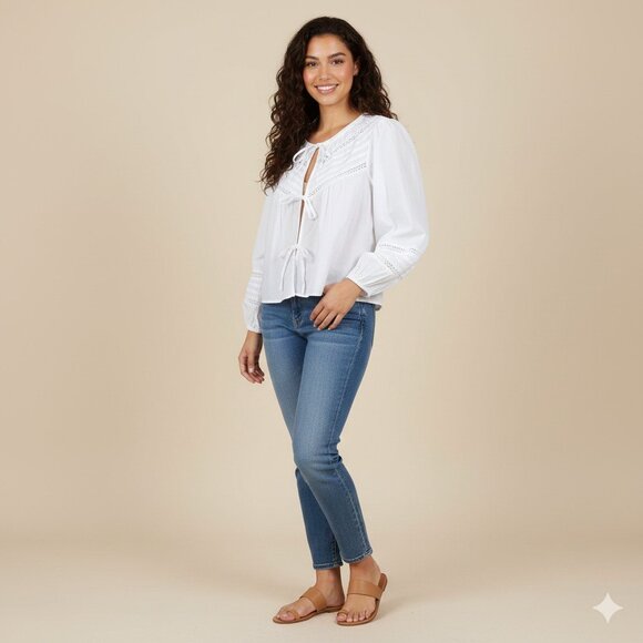 Aerie Peasant Blouse Womens L White Long Puff Sleeves 3 Ties Front Cotton Boho - Picture 2 of 16